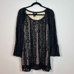 LIZ CLAIBORNE CAREER BLACK LACE LINED BLOUSE Sheer Bell Sleeve Womens 3X Boho